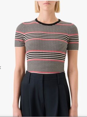 Akris Punto Black, White & Red Striped Short-Sleeve Wool Knit Tee